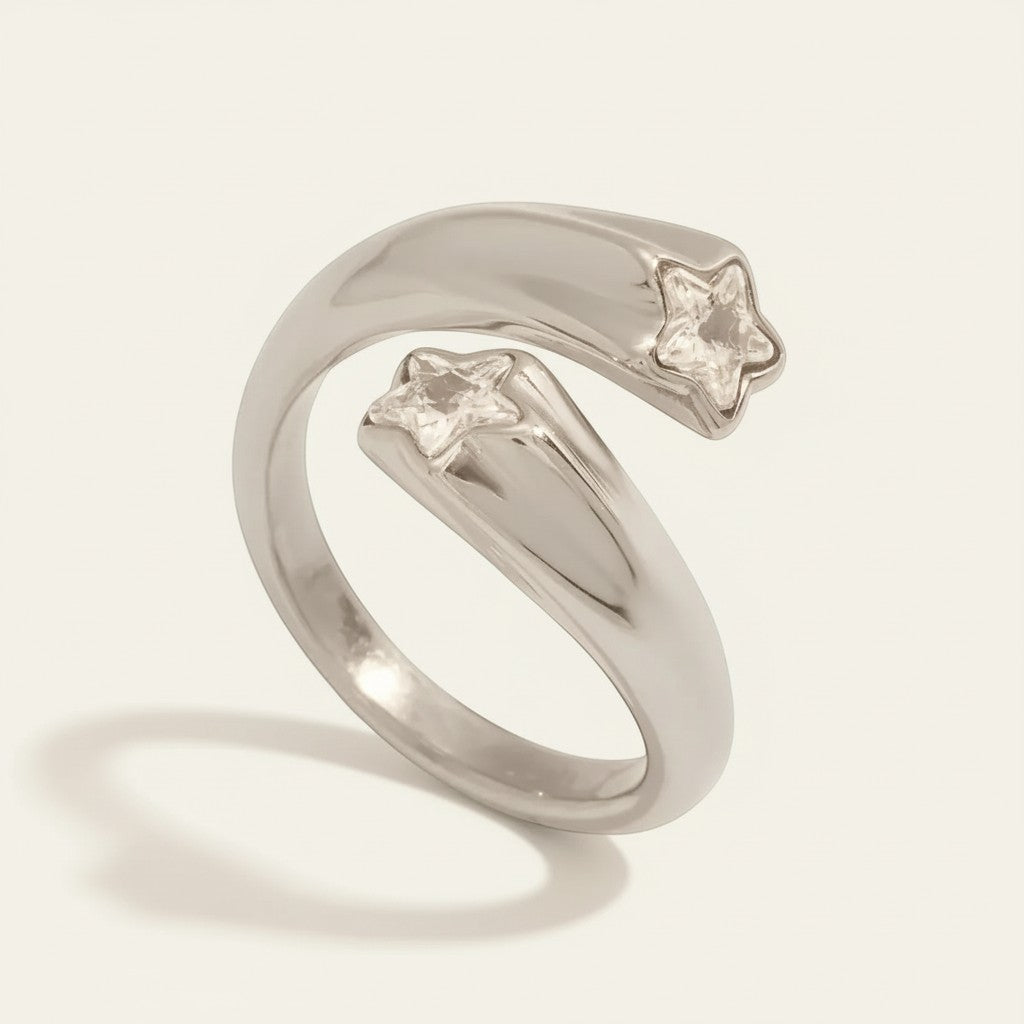 Seraphina Treasures silver open ring with two star-shaped cubic zirconia stones.