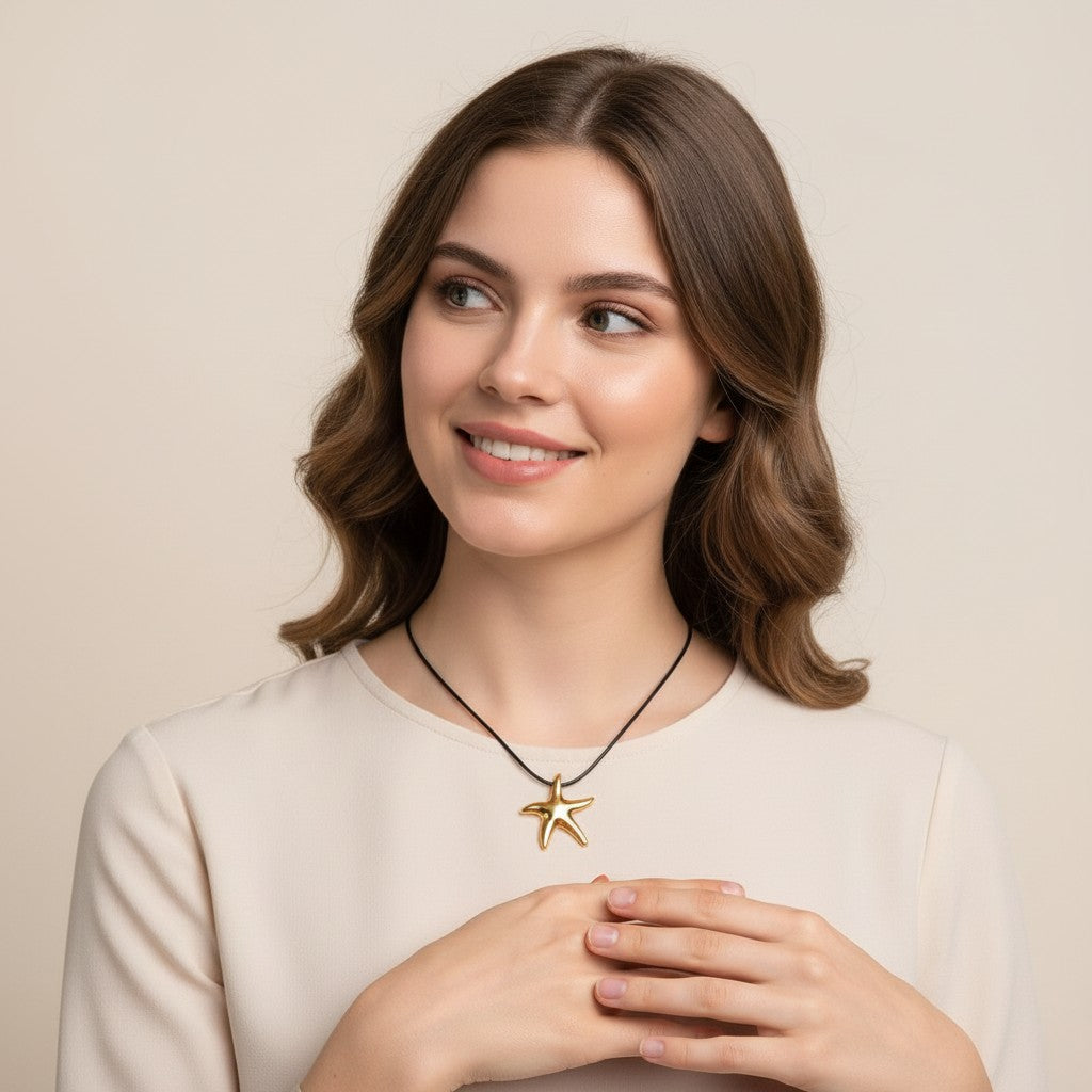 Seraphina Treasures Solistra gold starfish pendant on black waxed rope necklace worn by a smiling woman.