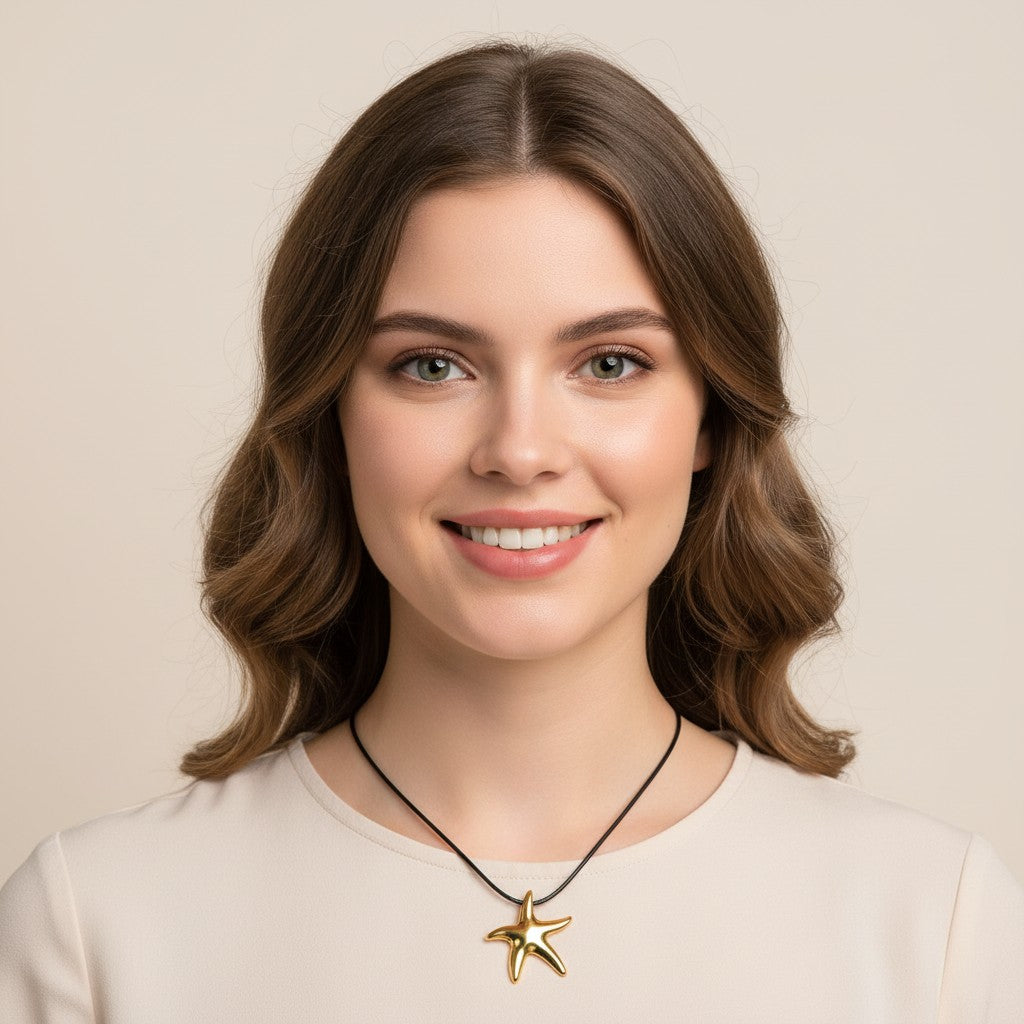 Seraphina Treasures Solistra gold starfish pendant necklace on waxed rope, perfect for everyday wear.