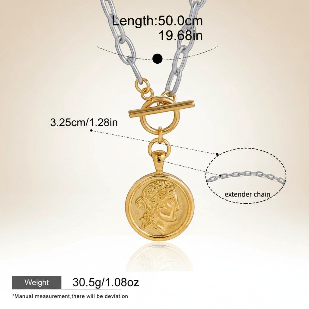 Seraphina Treasures Solythera mixed-color double-sided portrait coin necklace with toggle clasp and extender chain.