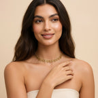 Seraphina Treasures Sorcha gold choker necklace with intricate hollow round links, worn by a model.