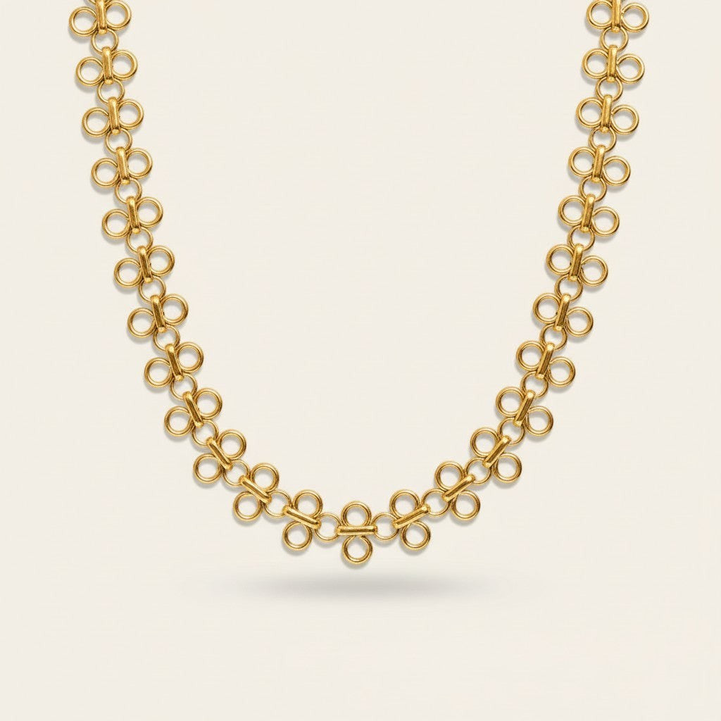 Seraphina Treasures Sorcha gold-tone necklace with hollow circular links forming a unique chain.