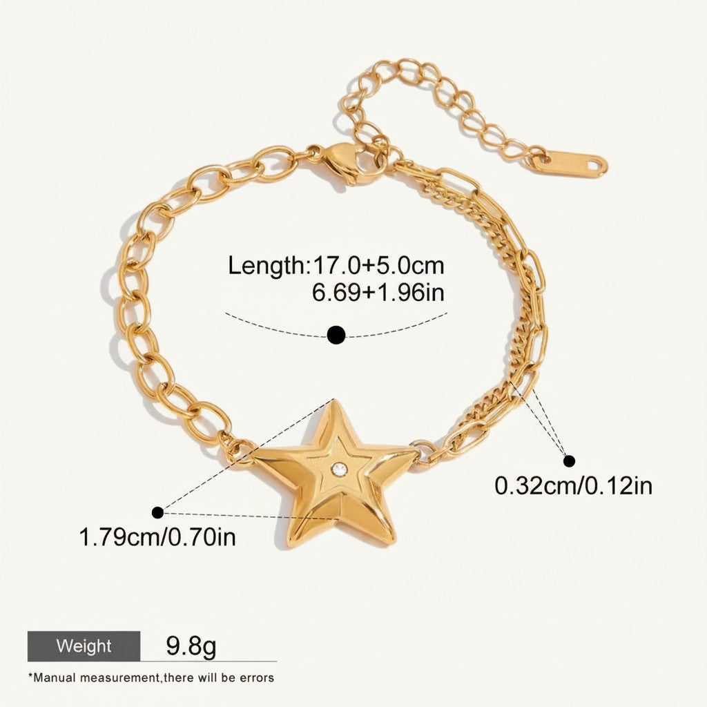 Seraphina Treasures Stellaris gold-tone bracelet with a central star charm adorned with a white zircon. Features a double chain design and adjustable clasp.