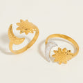 Seraphina Treasures gold and silver open rings with sun and moon celestial motifs. Adjustable fit.