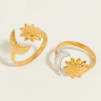 Seraphina Treasures gold and silver open rings with sun and moon celestial motifs. Adjustable fit.