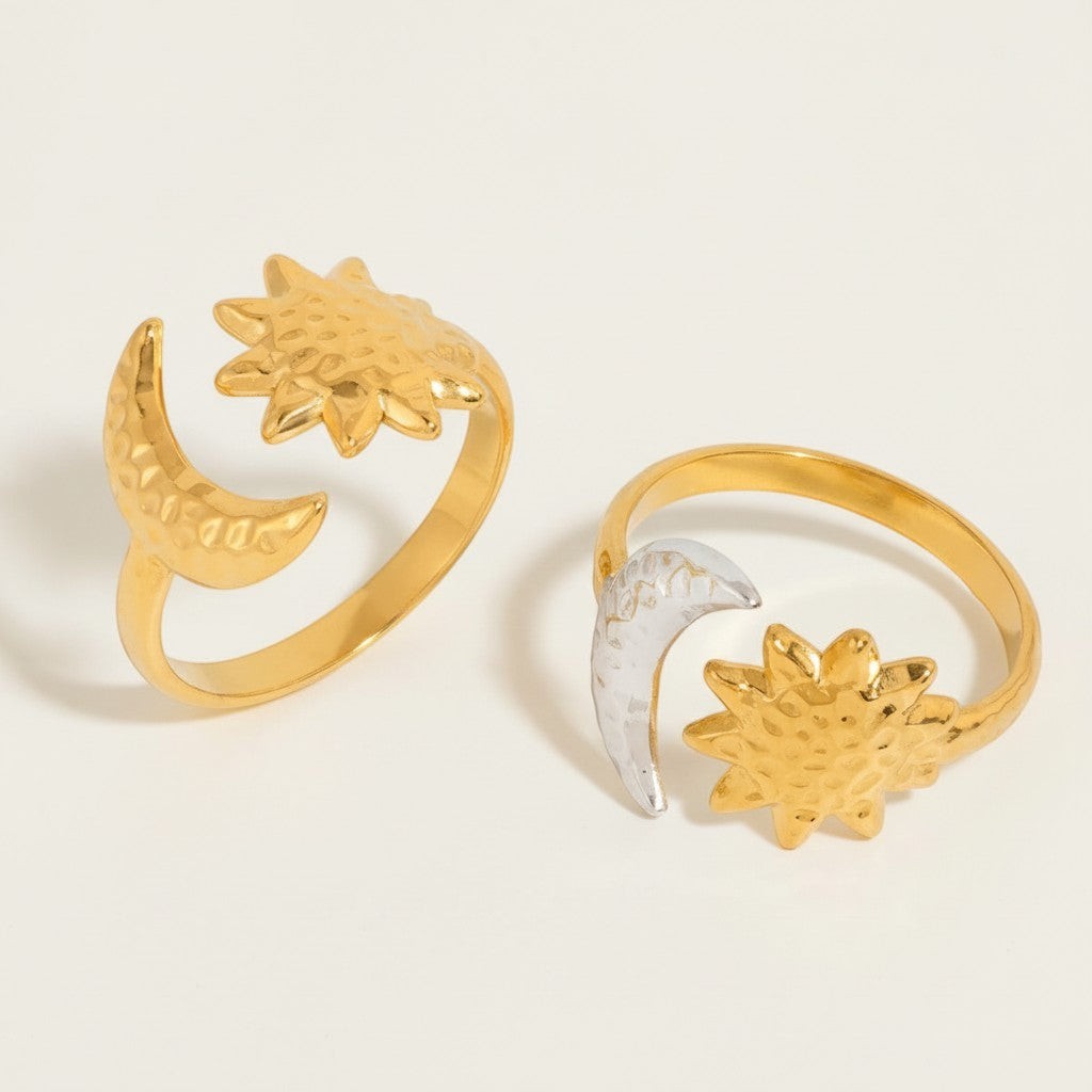 Seraphina Treasures gold and silver open rings with sun and moon celestial motifs. Adjustable fit.