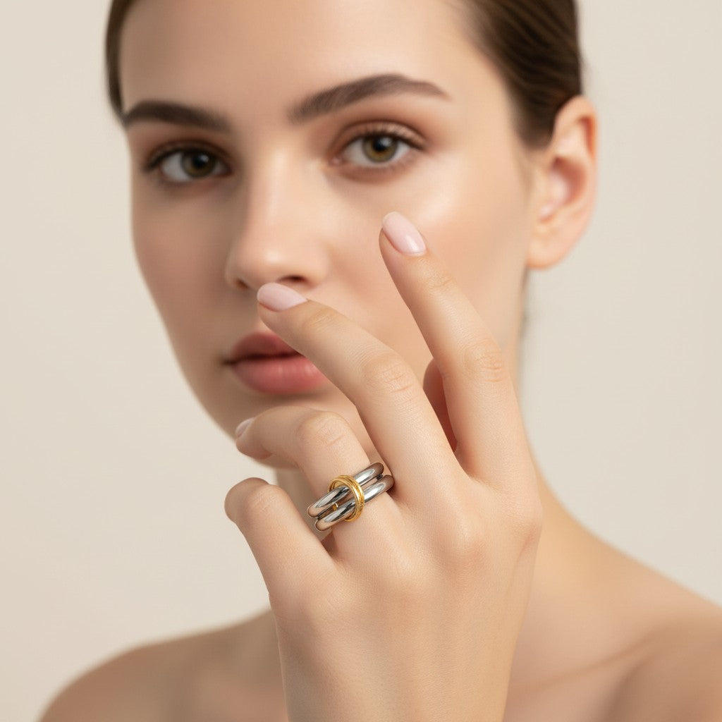 Seraphina Treasures Sybilla Ring: two-layer silver band with gold accent, glossy finish, hypoallergenic.