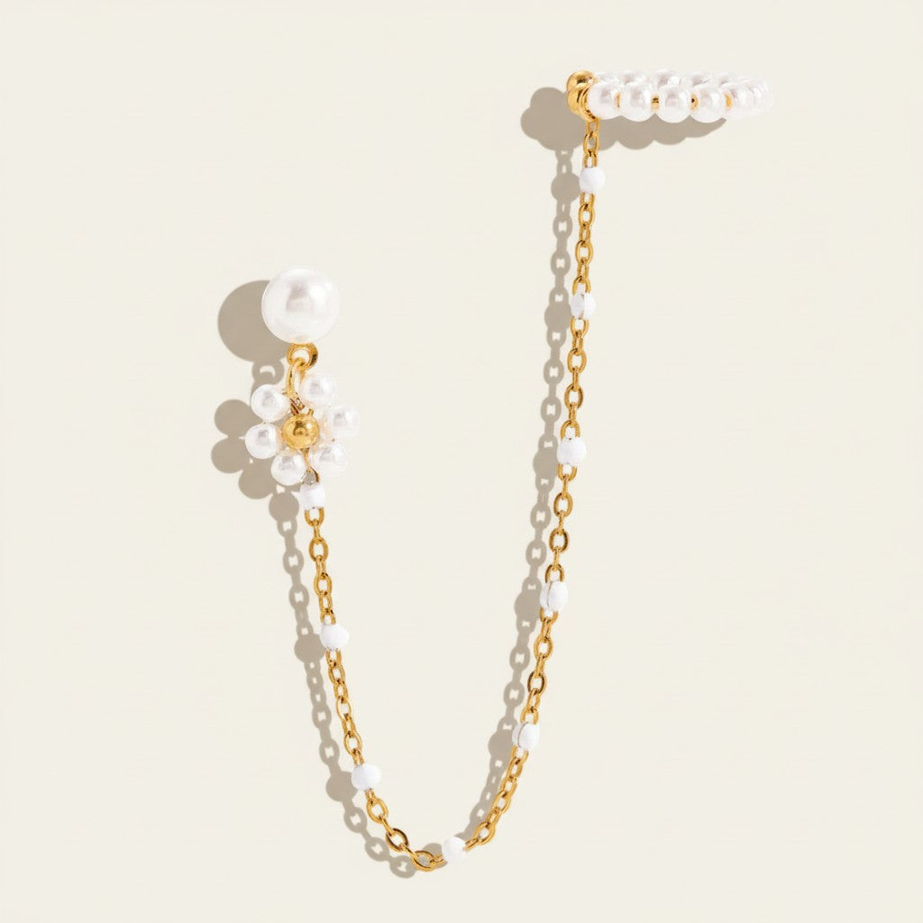 Seraphina Treasures Talystria gold chain earrings with pearl flower and ear cuff detail.