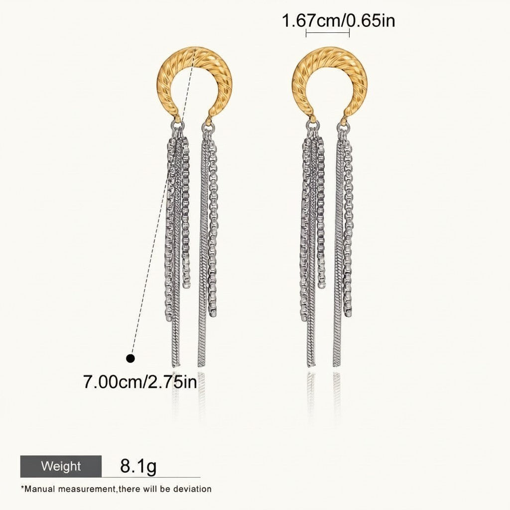 Seraphina Treasures gold crescent moon earrings with silver chain tassels, 7cm long.