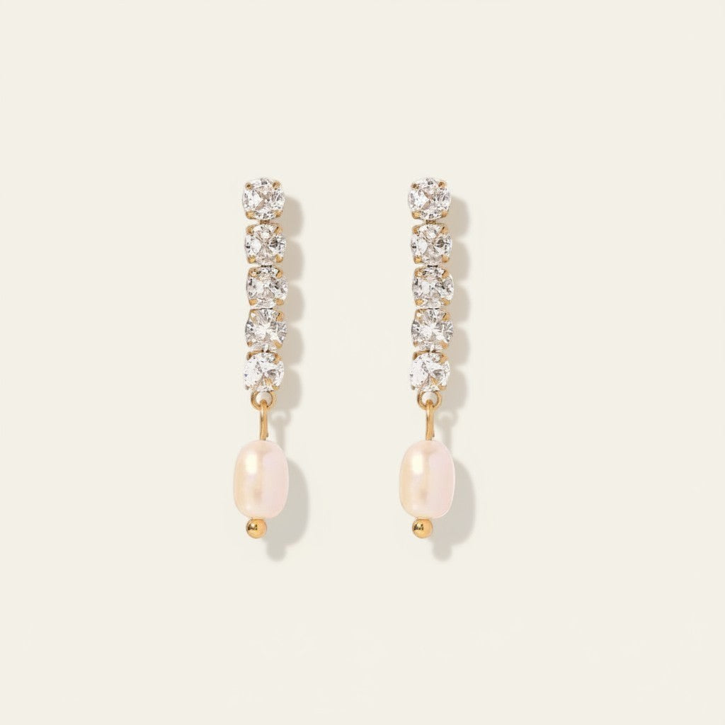 Seraphina Treasures Thalire earrings with clear crystals and freshwater pearls, gold-tone metal.