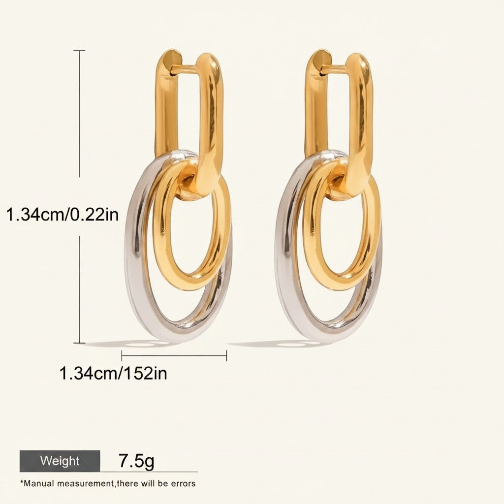 Seraphina Treasures Tiaris two-tone gold and silver U-shaped drop earrings with interlocking oval links.