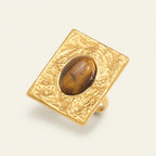 Seraphina Treasures Petralyne open ring with a square tiger eye stone and textured gold-tone band.