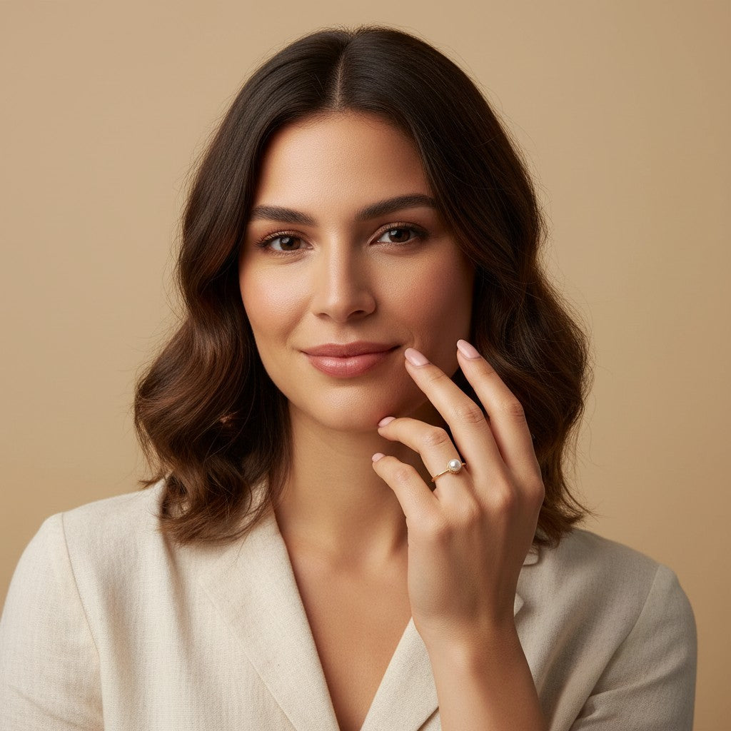 Seraphina Treasures Turqessa ring with a natural pearl on a gold band, featuring an open design.