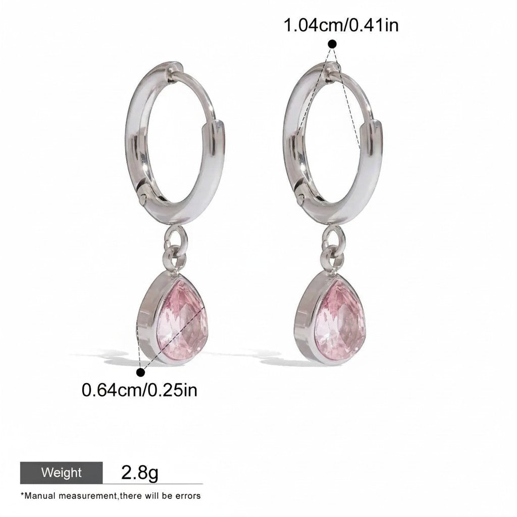 Seraphina Treasures Valencia silver hoop earrings with pink teardrop crystal charms. Hypoallergenic.