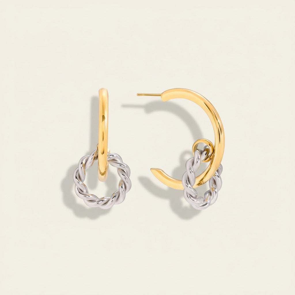 Seraphina Treasures Vasyntha mixed metal twisted circle hoop earrings.
