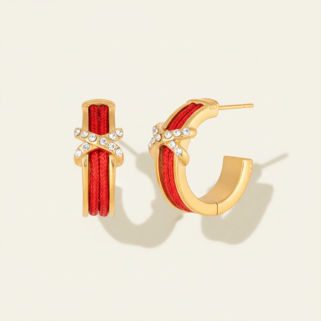 Seraphina Treasures Velkynis gold hoop earrings with red rope and white crystals