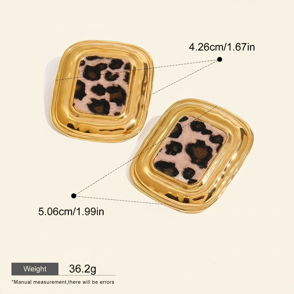 Seraphina Treasures Veloria Earrings, gold-tone square frames with leopard print inlay. Waterproof and hypoallergenic.