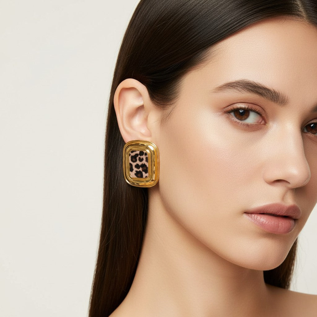 Seraphina Treasures Veloria Earrings with gold-tone frames and leopard print inlay. Waterproof and hypoallergenic.