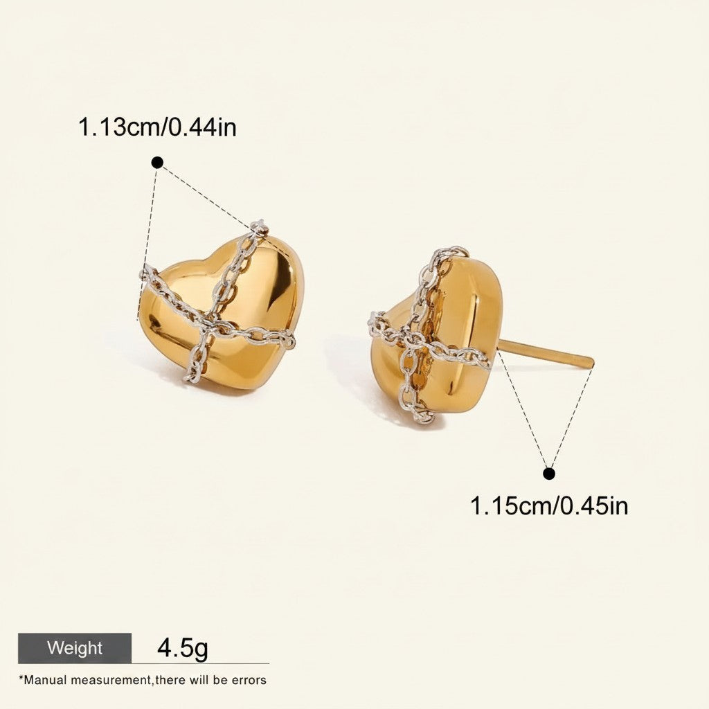 Seraphina Treasures Vespria gold heart earrings with silver chain detail. Hypoallergenic and waterproof.