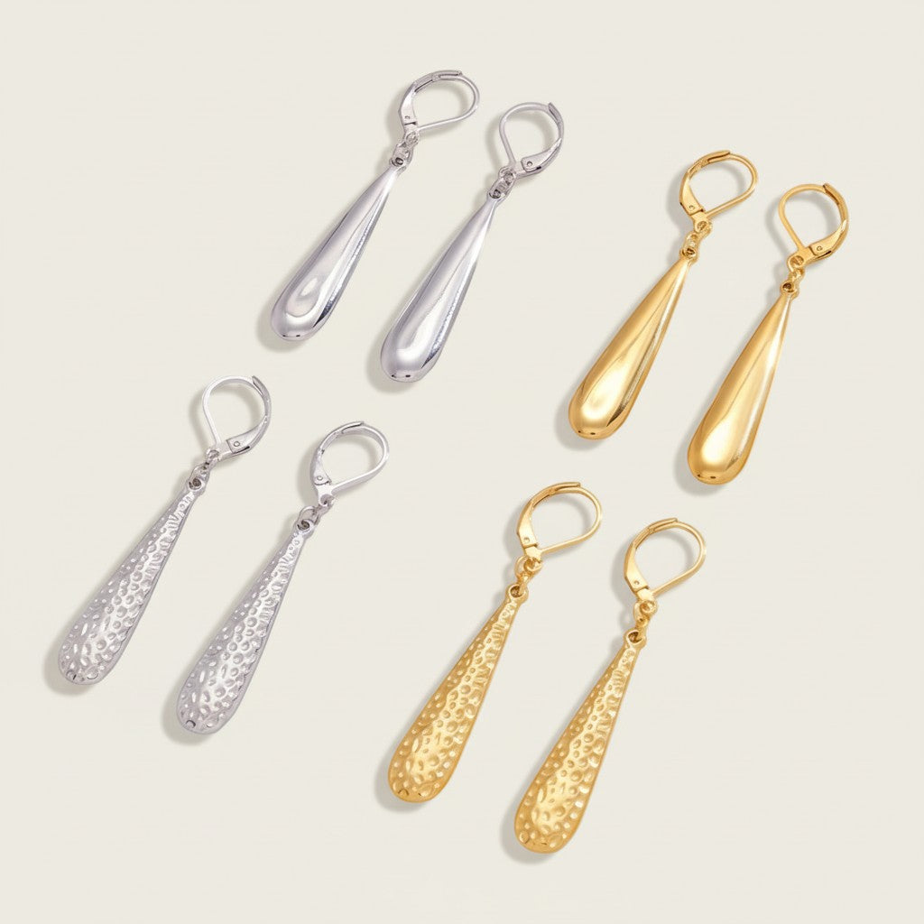 Seraphina Treasures gold and silver water drop dangle earrings. Two styles: polished teardrop and textured elongated drop.