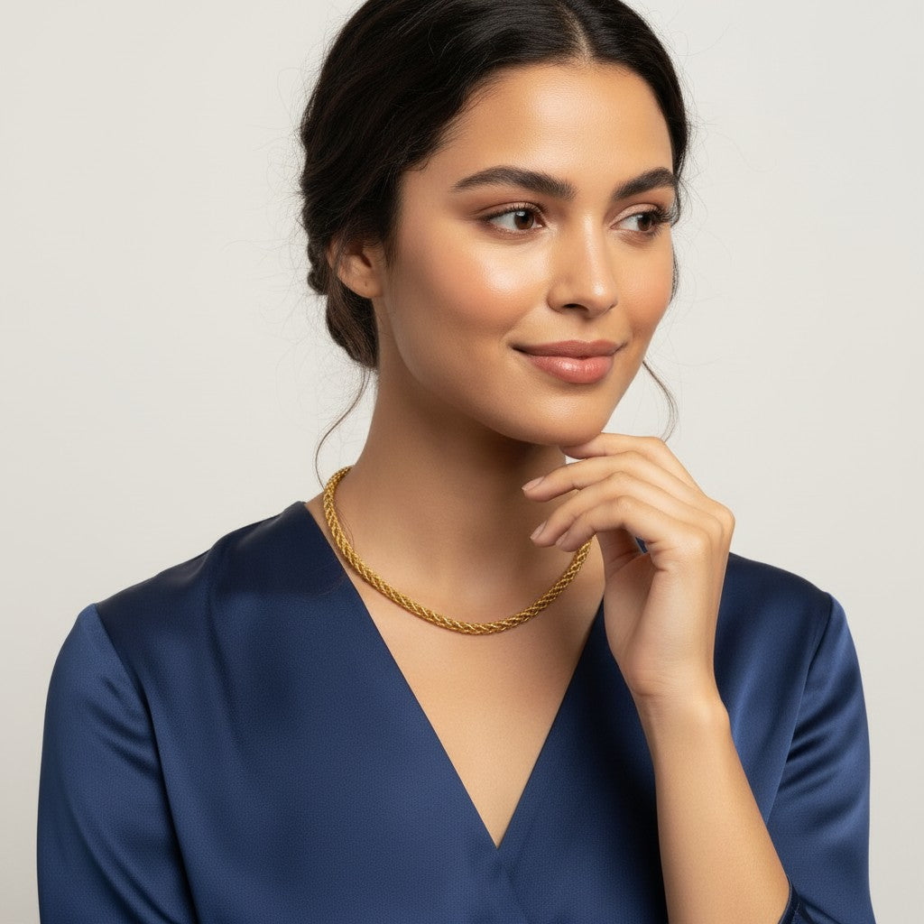 Seraphina Treasures Xantheia gold braided necklace on a model wearing a blue satin dress.