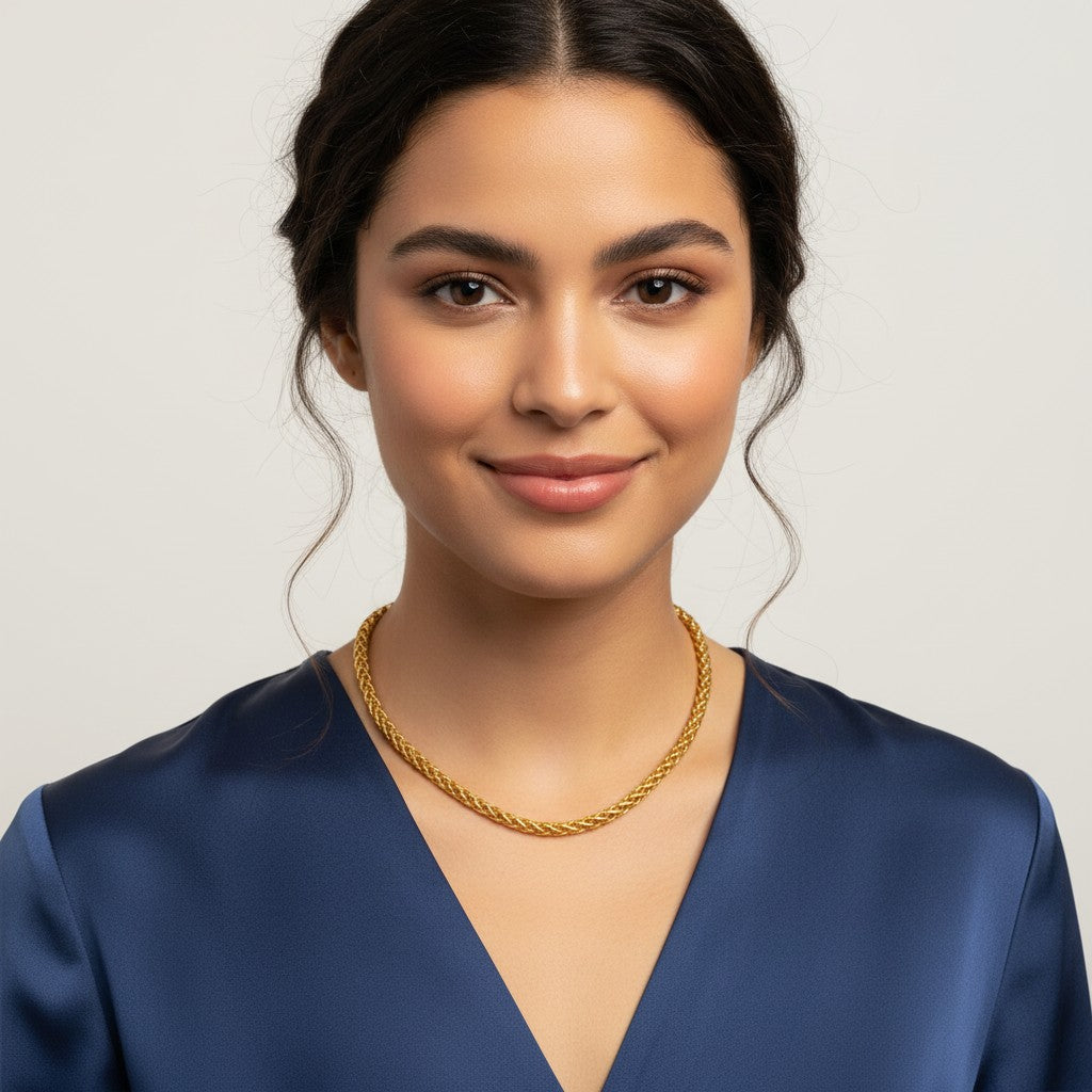 Seraphina Treasures Xantheia gold chain necklace with a braided design, worn by a model.