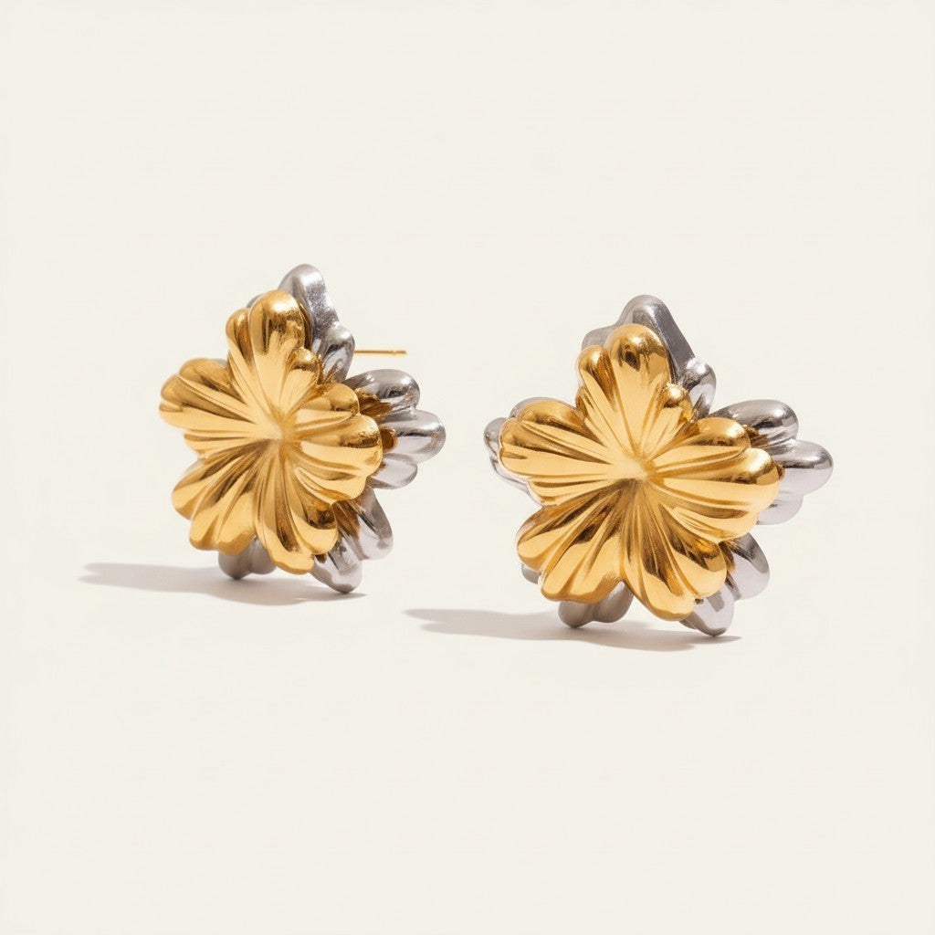 Seraphina Treasures Zahara two-tone gold and silver flower stud earrings with layered petals.