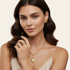 Seraphina Treasures Zaleon gold sun opal ring set. Three stackable bands form a sun design with a central opal.