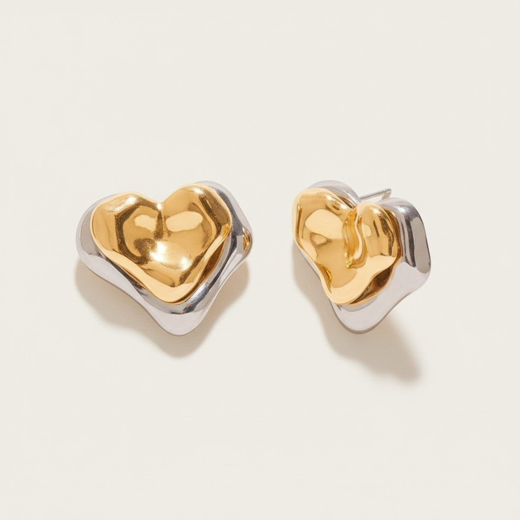 Seraphina Treasures Zaria two-tone heart stud earrings in gold and silver.