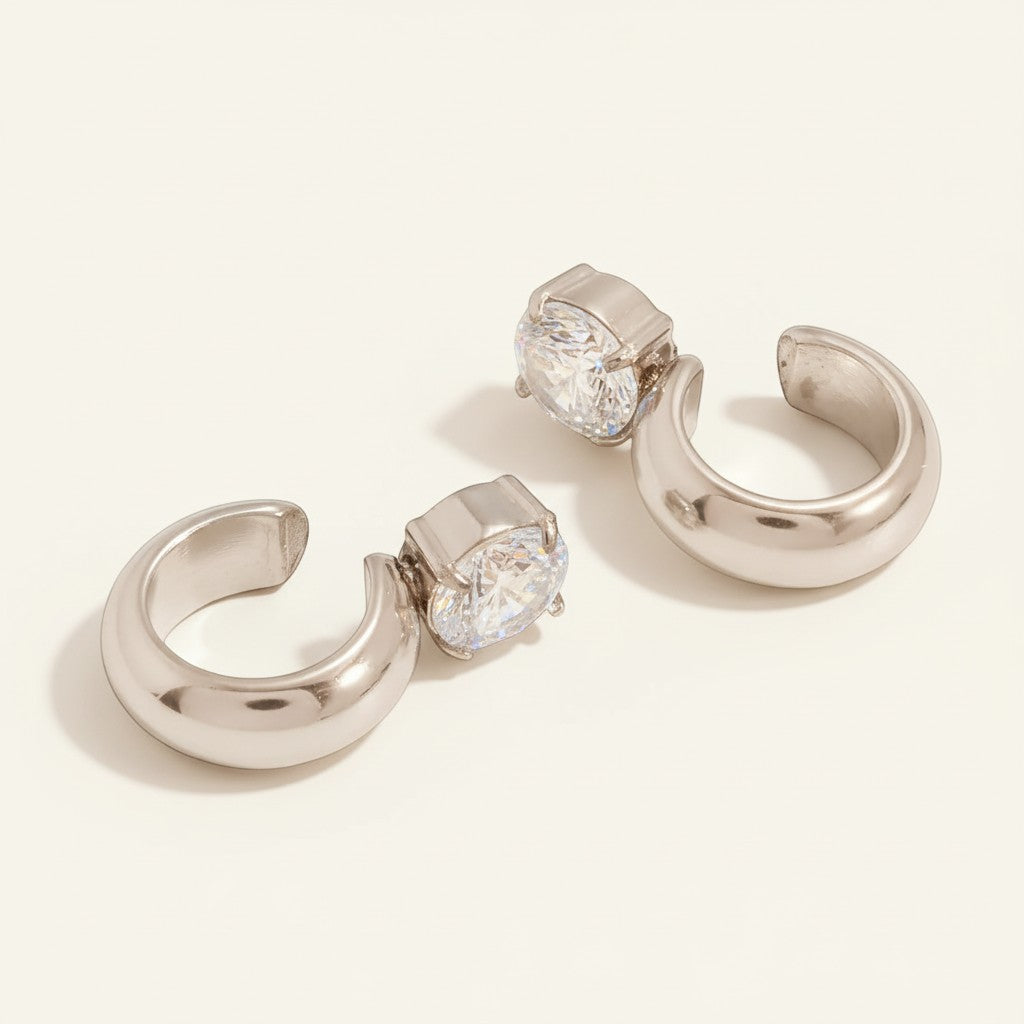 Seraphina Treasures Zevryn silver ear clip earrings with clear cubic zirconia stones, perfect for non-pierced ears.