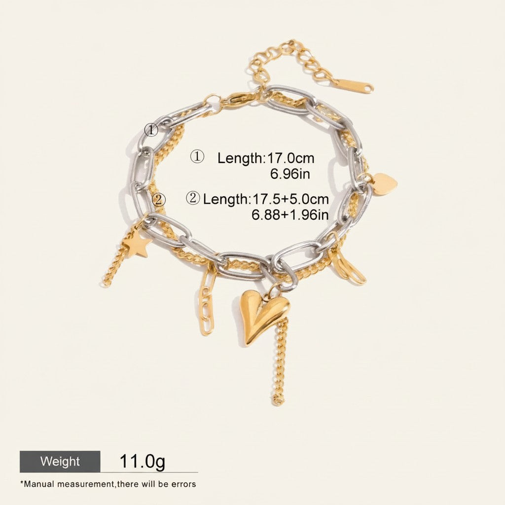 Seraphina Treasures Zorya two-layer bracelet with gold heart and star charms. Stainless steel.