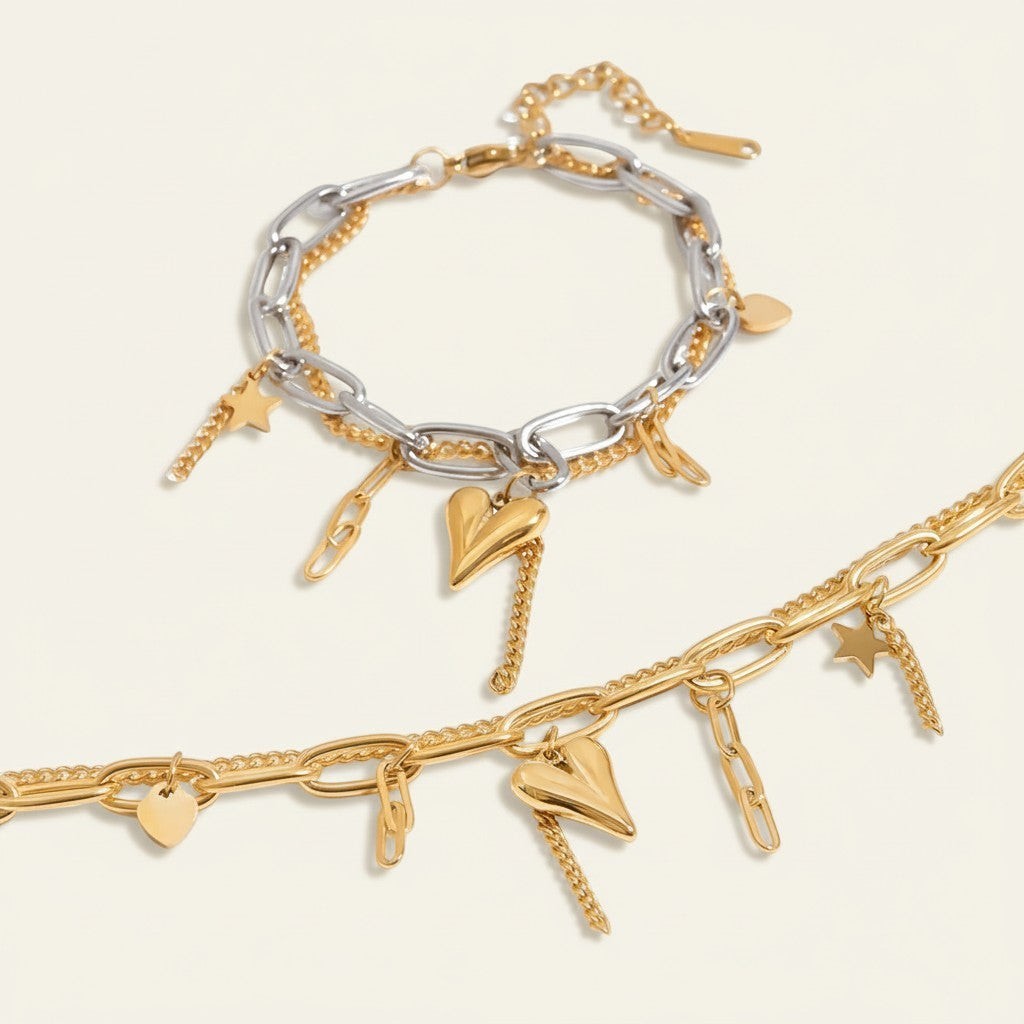 Seraphina Treasures Zorya two-layer bracelet with gold heart and star charms. Silver and gold tones.