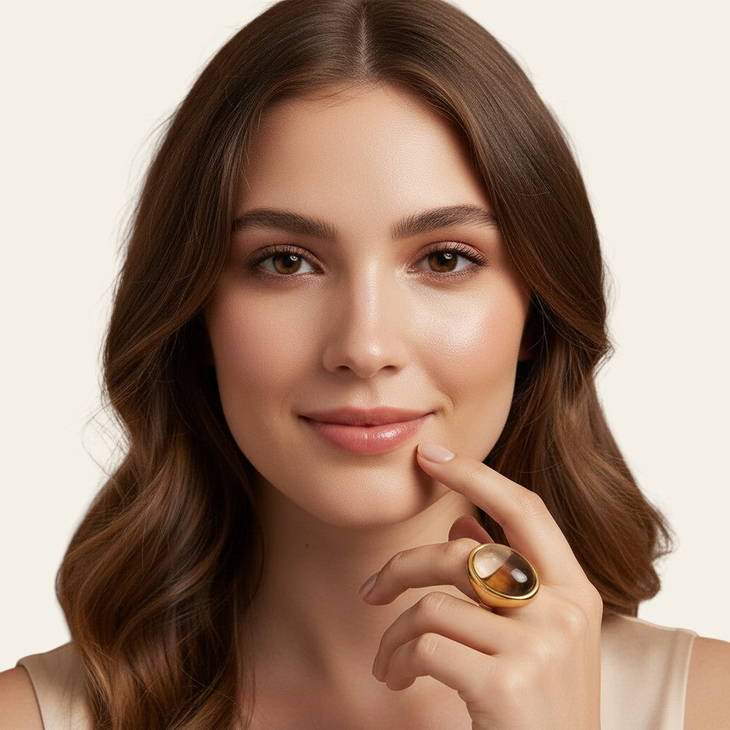 Seraphina Treasures Zyphoros oval resin ring with clear, translucent center and gold-tone bezel. Minimalist statement jewelry.