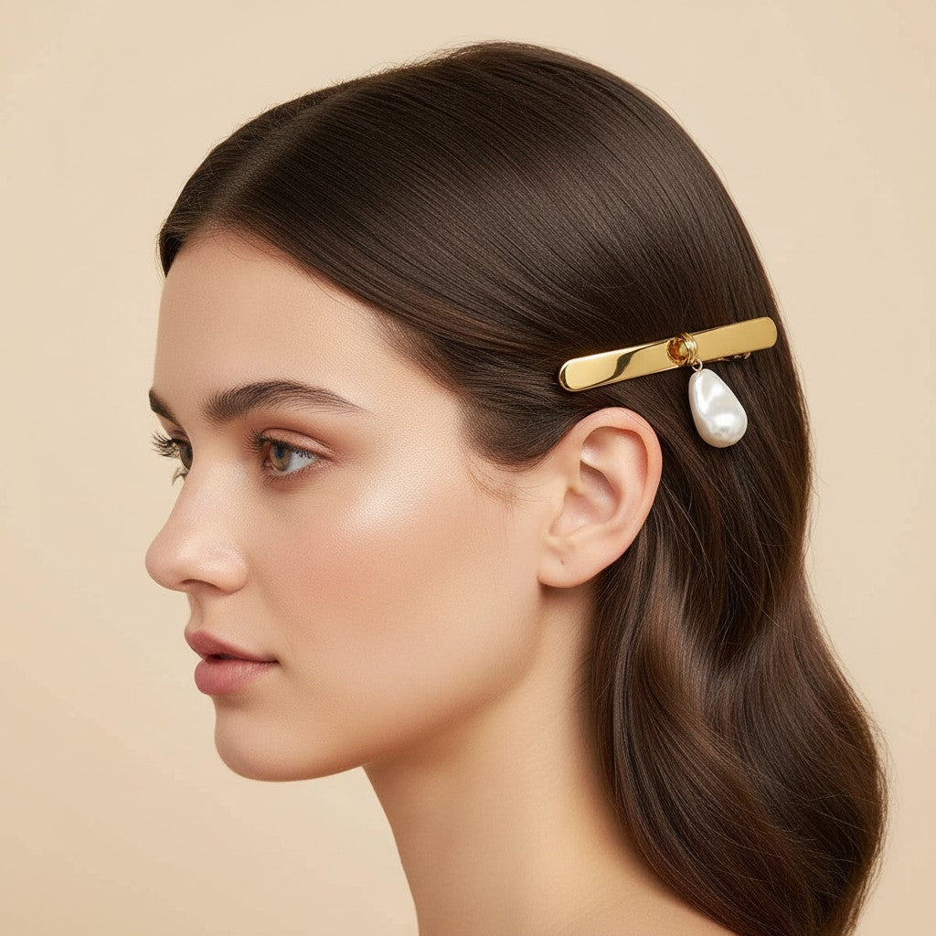 Seraphina Treasures Zyraea hair clips in gold and silver, featuring pearl charms. Elegant hairpins for stylish hair.